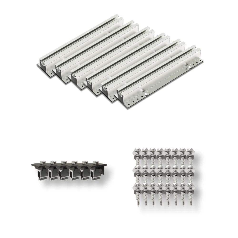 Bevestigingssysteem voor hellende daken met een trapeziumvormig golfprofiel, bestaande uit 2 modules (zie omslagafbeelding).