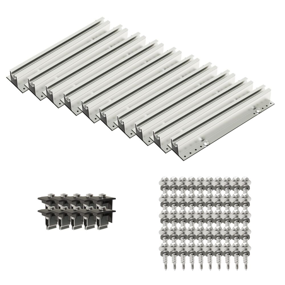 Kit de montaje en techo de chapa trapezoidal para 4 módulos Sistema de fijación para cubiertas inclinadas con perfil de onda trapezoidal para 4 módulos (imagen de portada)